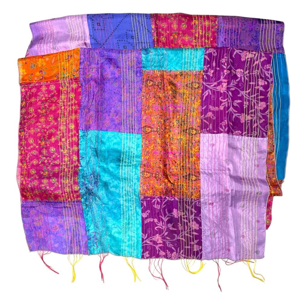 Green Sewn Patchwork Scarf Handmade from Vintage Silk Saris 70" X 24"